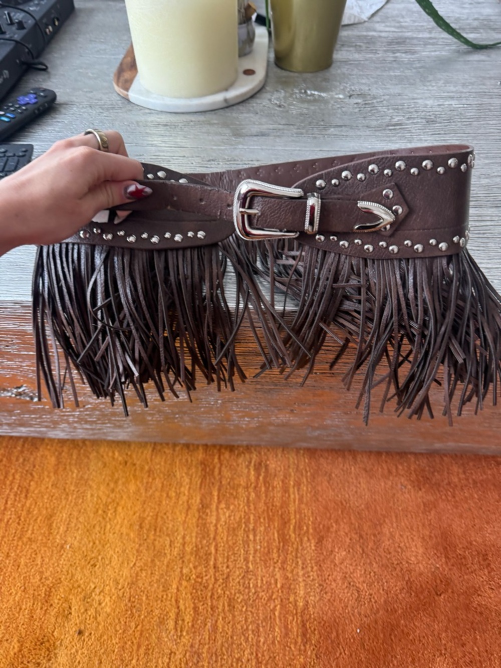 Brown Leather Fringe Studded Western Belt